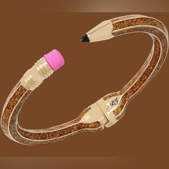New BETSEY Johnson Gold Glitter Pencil Hinged Cuff Bracelet Back To School - Picture 15 of 16
